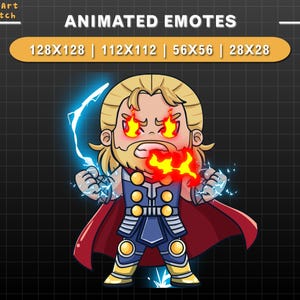 Emote animado do Thor irritado no Twitch, Deus nórdico do trovão com efeitos de Mjolnir e relâmpago, Emote de herói chibi para Twitch, Discord