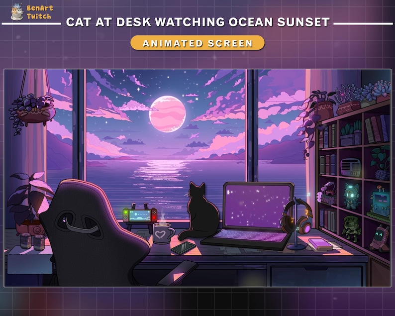 May include: An animated screen featuring a cat at a desk watching an ocean sunset. The scene includes a laptop, headphones, and a cat silhouette. The background shows a large window with a view of the ocean, a full moon, and a purple sky.