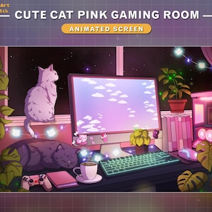May include: A pink and purple gaming room with a computer monitor, keyboard, and mouse. There are two cats in the room, one sitting on a windowsill and the other sleeping on the desk. The room is decorated with plants and string lights.