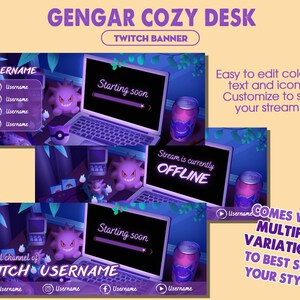 Gengar Lo-fi Desk Twitch Banner Template, Purple Aesthetic Stream Header, Gengar Stream Overlay image 2
