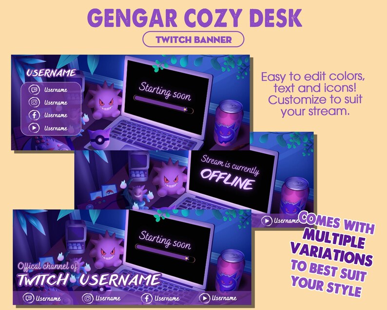 Gengar Lo-fi Desk Twitch Banner Template, Purple Aesthetic Stream Header, Gengar Stream Overlay image 2