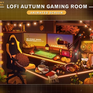 Animated Stream Screens Fall Squirrel Gaming Room, Autumn Twitch Overlay with Maple, PC Setup, Twinkle Lights, Squirrel , Chestnut...