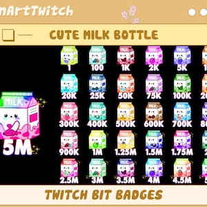 30x Milk Bottle Twitch Bit Badges, Milk Box Sub Badges for Streamers, YouTubers & Discord