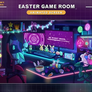 May include: A gamer's room decorated for Easter with a gaming chair, a computer monitor displaying "BE RIGHT BACK", a gaming console, and a keyboard. The room is decorated with Easter eggs, bunny rabbits, and string lights.