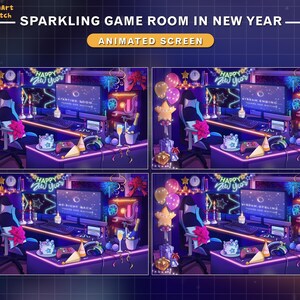 May include: A digital illustration of a sparkling games room decorated for New Year's Eve. The room features a gaming setup with a computer monitor, keyboard, mouse, and gaming chair. The room is decorated with colourful balloons, streamers, and confetti. The text "HAPPY NEW YEAR" is displayed on the monitor.