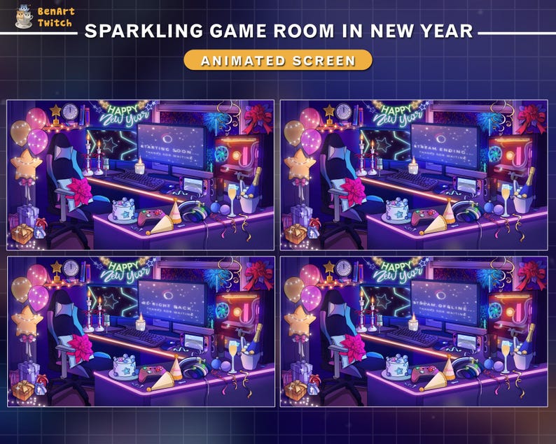 May include: A digital illustration of a sparkling games room decorated for New Year's Eve. The room features a gaming setup with a computer monitor, keyboard, mouse, and gaming chair. The room is decorated with colourful balloons, streamers, and confetti. The text "HAPPY NEW YEAR" is displayed on the monitor.