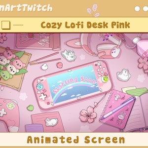 Animated Lofi Desk Stream Screens, Pastel Pink Sakura Twitch Overlay with Cozy Kawaii Room Setup for Streamers and Vtubers Backgrounds