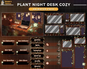 Plantas de sala de juegos con superposición animada de Twitch, paquete Lo-Fi Room Stream con computadora portátil, cielo nocturno, árboles...