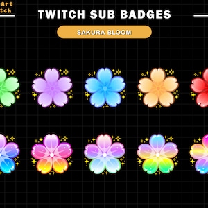 カラフルな桜の花びらのTwitchサブバッジ、ストリーマー、YouTuber、Discord向けの桜のTwitchサブバッジ
