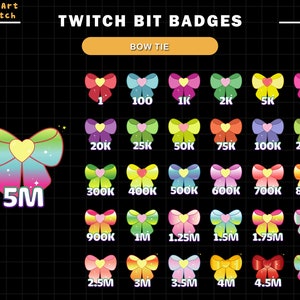 以下が含まれることがあります： さまざまな色で蝶ネクタイのデザインが施された、20個のTwitch Bitバッジのセット。バッジには、各バッジのロックを解除するために必要なビット数が表示されており、1から500万まであります。