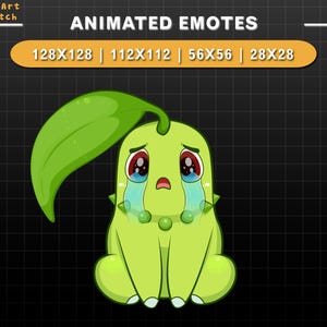 Puede incluir: Emoticono animado de un personaje de dibujos animados verde que llora con una gran hoja en la cabeza. El personaje tiene ojos rojos, una expresi&oacute;n triste y llora grandes l&aacute;grimas azules. El texto "ANIMATED EMOTES" est&aacute; en la parte superior de la imagen, y el texto "128X128 | 112X112 | 56X56 | 28X28" est&aacute; debajo.