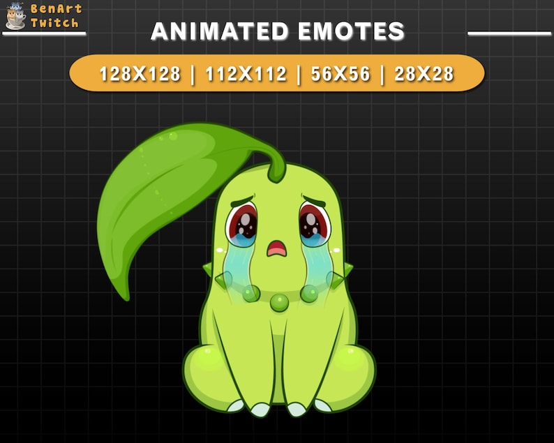 Puede incluir: Emoticono animado de un personaje de dibujos animados verde que llora con una gran hoja en la cabeza. El personaje tiene ojos rojos, una expresi&oacute;n triste y llora grandes l&aacute;grimas azules. El texto "ANIMATED EMOTES" est&aacute; en la parte superior de la imagen, y el texto "128X128 | 112X112 | 56X56 | 28X28" est&aacute; debajo.