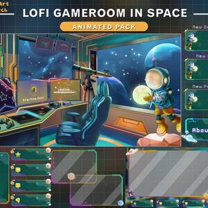 Animated Stream Package Cyberpunk Room, Animated Twitch Overlay Spaceship Room, Galaxy, Space, Planet, Vtuber Background, Green,Orange Theme