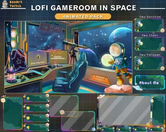 Könnte beinhalten: Ein animiertes Paket für Twitch-Streams mit einem Weltraum-Themen-Spielzimmer. Das Bild zeigt ein Spielzimmer mit Monitoren, einem Gaming-Stuhl und einem Astronauten, der einen Mond hält. Text enthält "LOFI GAMEROOM IN SPACE" und "ANIMATED PACK".