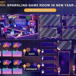 Pakiet animowanych transmisji strumieniowych: noworoczny pokój gier, nakładka na sylwestrową transmisję Twitch w pokoju Lo-fi z konfiguracją komputera, świąteczne oświetlenie, balony...