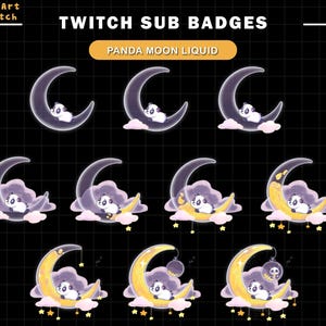 Liquid Moon Panda Twitch Sub Badges, Cute Panda Twitch Bit Badges, Ready To Use for Twitch, Discord