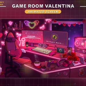 Animated Twitch Screens Valentine&#39;s Day PC Room, Lo-fi Game Room Stream Screens, Retro Twitch Overlay