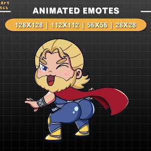 Könnte beinhalten: Animiertes Emoji eines Comic-Charakters mit blonden Haaren, einem roten Umhang und einer blauen Hose. Der Charakter zwinkert und hat einen Bart. Der Text "ANIMATED EMOTES" befindet sich oben im Bild. Der Text "128X128 | 112X112 | 56X56 | 28X28" befindet sich unter dem Text "ANIMATED EMOTES".