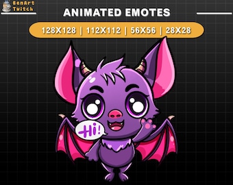 Puede incluir: Emoticono animado de un murciélago morado con orejas y alas rosas, diciendo "¡Hola!" en un bocadillo de diálogo. El murciélago tiene ojos grandes y blancos con pupilas moradas. El emoticono está disponible en cuatro tamaños: 128x128, 112x112, 56x56 y 28x28.