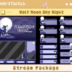 Animated Cute Wolf Moon Twitch Overlay Stream Package, Moon Sky Night Stream Overlay, Purple Theme Overlay For Streamer