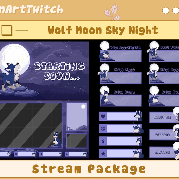 Animiertes süßes Wolf Mond Twitch Overlay Stream Paket, Mond Himmel Nacht Stream Overlay, Lila Theme Overlay für Streamer