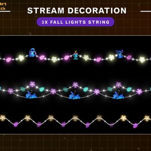 May include: Three strings of white fairy lights with blue Stitch characters and purple, pink, and yellow leaves. The text "STREAM DECORATION 3X FALL LIGHTS STRING" is at the top of the image.