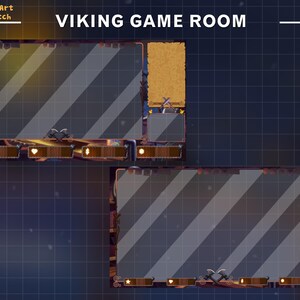 Puede incluir: Una ilustraci&oacute;n digital de una sala de juegos con tem&aacute;tica vikinga con un fondo azul oscuro y un patr&oacute;n de cuadr&iacute;cula. La imagen presenta dos marcos rectangulares con un borde de madera y un panel de vidrio rayado. El marco superior tiene un marco rectangular m&aacute;s peque&ntilde;o con un fondo marr&oacute;n. El texto "VIKING GAME ROOM" se muestra en letras blancas en la parte superior de la imagen.