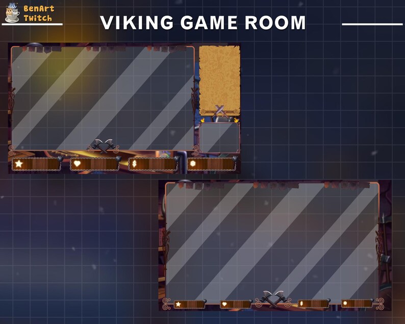 Puede incluir: Una ilustraci&oacute;n digital de una sala de juegos con tem&aacute;tica vikinga con un fondo azul oscuro y un patr&oacute;n de cuadr&iacute;cula. La imagen presenta dos marcos rectangulares con un borde de madera y un panel de vidrio rayado. El marco superior tiene un marco rectangular m&aacute;s peque&ntilde;o con un fondo marr&oacute;n. El texto "VIKING GAME ROOM" se muestra en letras blancas en la parte superior de la imagen.