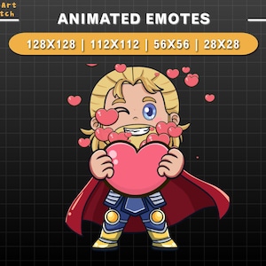 Emote animado de Thor Love Twitch, Deus nórdico do trovão com efeitos de Mjolnir e relâmpago, Emote de herói Chibi para Twitch, Discord