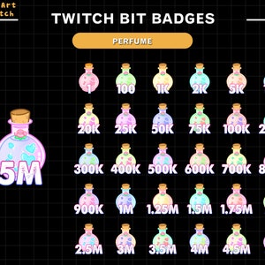 30x Perfume Bottle Twitch Bit Badges, Heart Bottle Twitch Sub Badges for Streamers, YouTubers & Discord