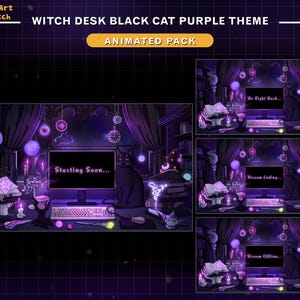 May include: Animated Twitch stream overlay featuring a witch's desk with a black cat, purple accents, and text that reads "Starting Soon...", "Be Right Back...", "Stream Ending...", and "Stream Offline..."