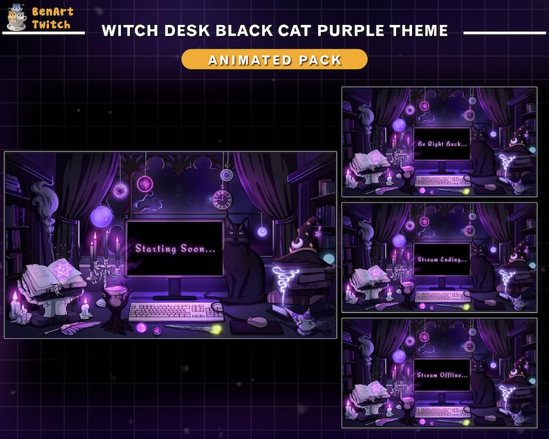 May include: Animated Twitch stream overlay featuring a witch's desk with a black cat, purple accents, and text that reads "Starting Soon...", "Be Right Back...", "Stream Ending...", and "Stream Offline..."
