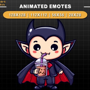 May include: Animated emote of a cartoon vampire wearing a black suit with a red cape, holding a cup of boba tea with a purple straw. The text "ANIMATED EMOTES" is at the top of the image, and the text "128X128 | 112X112 | 56X56 | 28X28" is below it.