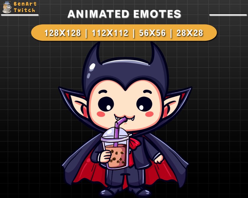 May include: Animated emote of a cartoon vampire wearing a black suit with a red cape, holding a cup of boba tea with a purple straw. The text "ANIMATED EMOTES" is at the top of the image, and the text "128X128 | 112X112 | 56X56 | 28X28" is below it.
