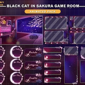 Animated Stream Package Sakura Cat Streaming Room, Black Cat Twitch Overlay, Cherry Blossom Aesthetic Overlay, Cozy Night Stream Screens