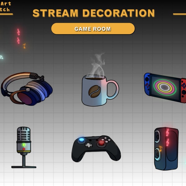 6x Animated Game Room Collection Stream Decoration, Coffee, HeadPhone, Mic, Kawaii Aesthetic, Graphics For Stream Add- On Overlay