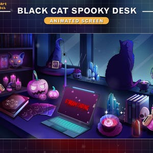 Animated Twitch Screens Witchy Lofi Desk, Black Cat Spooky Twitch Overlay with Pumpkin, Spider, Skull, Tarot Cat, ....