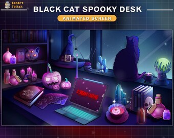 Animated Twitch Screens Witchy Lofi Desk, Black Cat Spooky Twitch Overlay with Pumpkin, Spider, Skull, Tarot Cat, ....