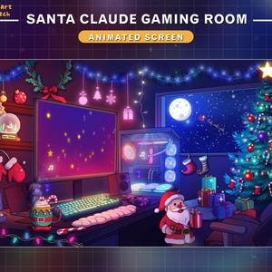 May include: A festive gaming room decorated for Christmas with a large computer monitor, a gaming PC, and a Santa Claus figurine. The room is decorated with Christmas lights, a Christmas tree, and other festive decorations. The text "SANTA CLAUDE GAMING ROOM" and "ANIMATED SCREEN" is displayed at the top of the image.
