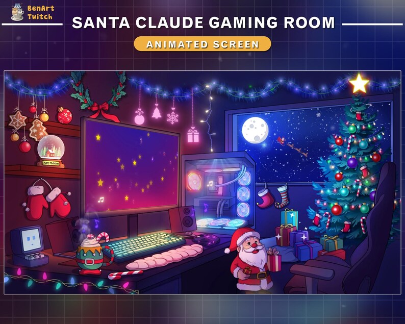 May include: A festive gaming room decorated for Christmas with a large computer monitor, a gaming PC, and a Santa Claus figurine. The room is decorated with Christmas lights, a Christmas tree, and other festive decorations. The text "SANTA CLAUDE GAMING ROOM" and "ANIMATED SCREEN" is displayed at the top of the image.