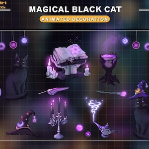 Animated Purple Witch Desk Black Cat Stream Decoration, Mystic Twitch Overlay with Magic Books, Potion Cauldron, Fairy Lights Deco