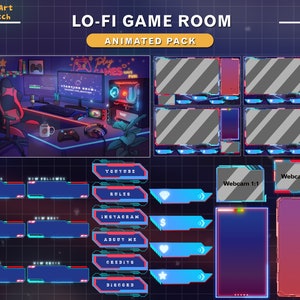 Pacote de sobreposição de Twitch animado Sala de PC aconchegante, Pacote de stream de sala de jogos Lofi, Sobreposição de Twitch retrô para Streamer, Vtuber