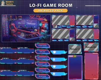Animated Twitch Overlay Package Cozy PC Room, Lofi Game Room Stream Package, Retro Twitch Overlay for Streamer, Vtuber