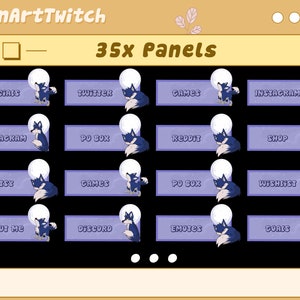 Może przedstawiać: Fioletowo-czarny projekt panelu Twitch z ilustracją wilka i tekstem "BenArtTwitch" oraz "35x Panele". Panele są oznaczone kategoriami, takimi jak "Socials", "Twitter", "Games", "Instagram", "Etsy", "Discord", "Emotes" i "Goals".