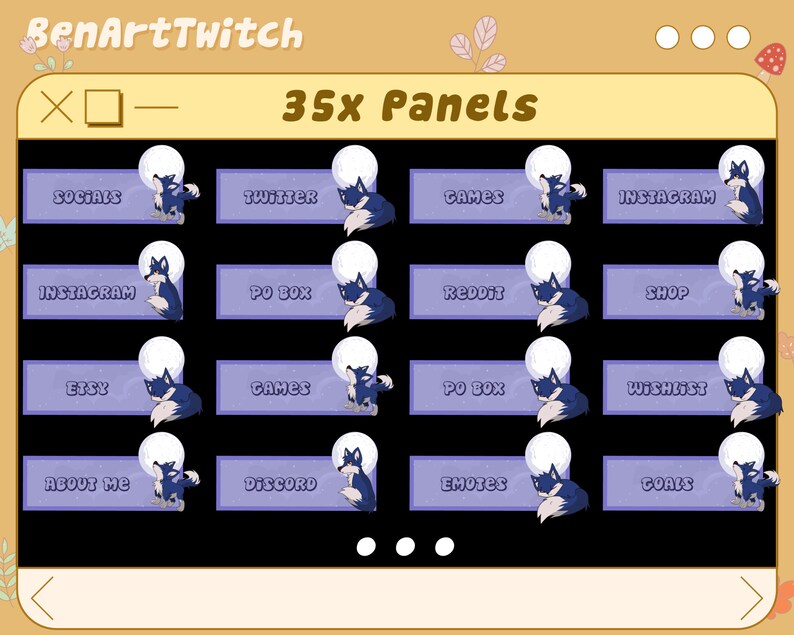 Może przedstawiać: Fioletowo-czarny projekt panelu Twitch z ilustracją wilka i tekstem "BenArtTwitch" oraz "35x Panele". Panele są oznaczone kategoriami, takimi jak "Socials", "Twitter", "Games", "Instagram", "Etsy", "Discord", "Emotes" i "Goals".