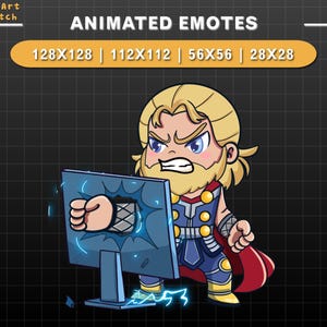 Emote animado do Thor Smash Computer Twitch, Deus nórdico do trovão com efeitos de Mjolnir e relâmpago, Emote de herói Chibi para Twitch, Discord