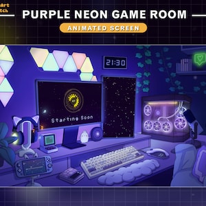 Puede incluir: Una sala de juegos morada y azul con un monitor de computadora que muestra "Starting Soon" sobre un fondo negro. La sala tiene una tira de luz de neón morada, un teclado, un micrófono, una silla de juego y una torre de computadora con un panel lateral transparente.