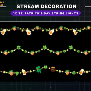 May include: Three strings of St. Patrick's Day lights with green shamrocks, gold coins, and beer mugs. The lights are strung on a black background.  3X ST. PATRICK'S DAY STRING LIGHTS