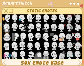 Puede incluir: Un conjunto de 50 emoticonos estáticos en blanco y negro para Twitch. Los emoticonos están en formato de cuadrícula y presentan varias expresiones faciales y poses. El texto "STATIC EMOTES" y "50x EMOTE BASE" está en la parte superior e inferior de la imagen.