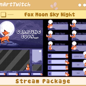 Animated Cute Fox Moon Twitch Overlay Stream Package, Moon Sky Night Stream Overlay, Purple Theme Overlay For Streamer